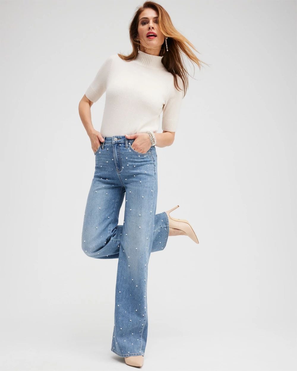 chico High Rise Faux Pearl Wide Leg Jeans | Chico's